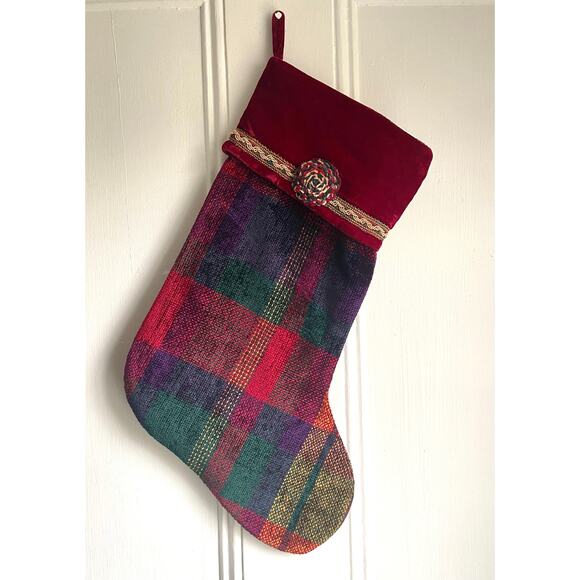 Jewel Toned Vintage Velvet Plaid Christmas Stocking with Gold Ribbon & Flower - Picture 1 of 4